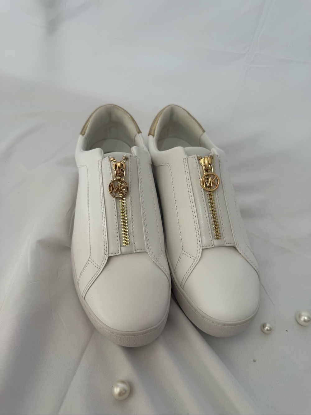 Michael Kors White Leather Zip-Front Sneakers with Gold MK Charm
